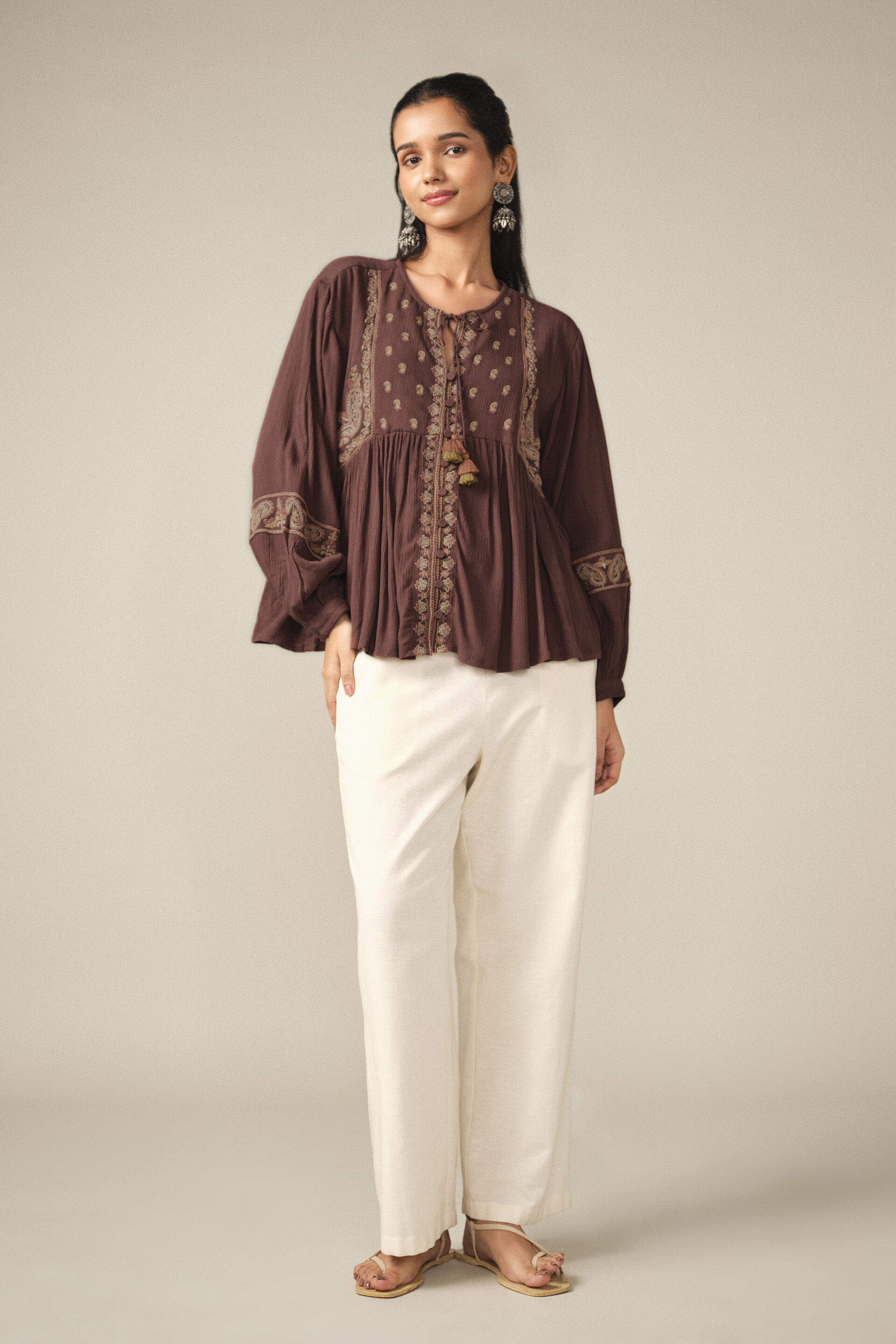 Embroidered Peasant Top in Brown, Brown, image 2
